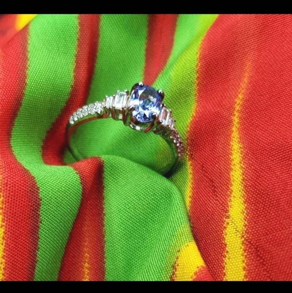 Genuine Tanzanite & Zircon Solitaire ring in Platinum Plated Sterling Silver